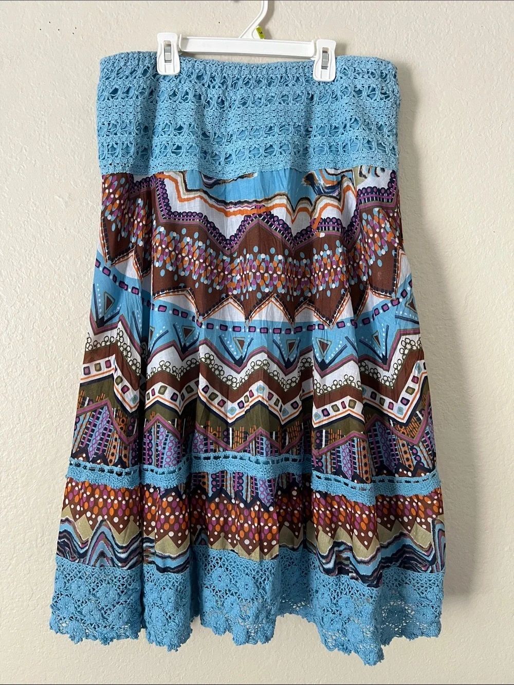 EUC LAPIS Blue Crochet-Trim Printed Bohemian Maxi Skirt Size XL
